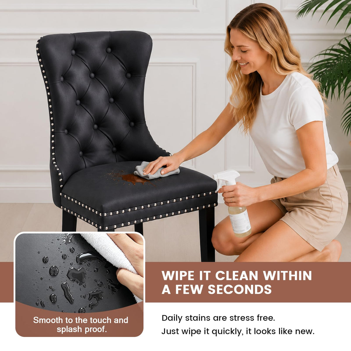 Black PU Leather Dining Chairs Set of 6 with Nailhead Trim and Solid Wood Legs S130465