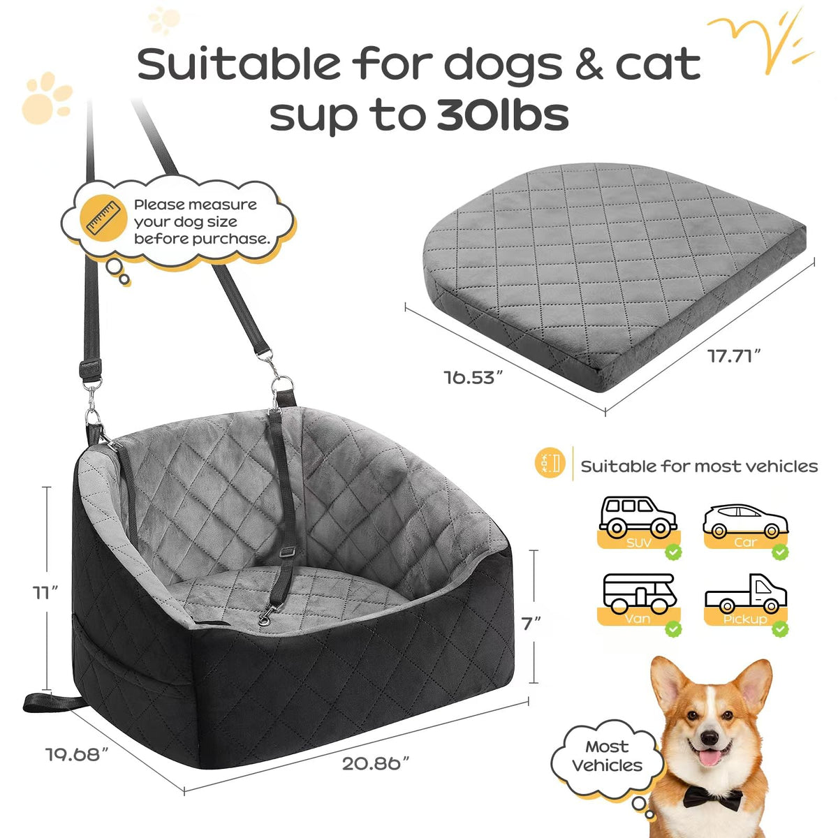 Dog Car Seat for Small Dogs Up to 30 Lbs, Grey-Black M454832