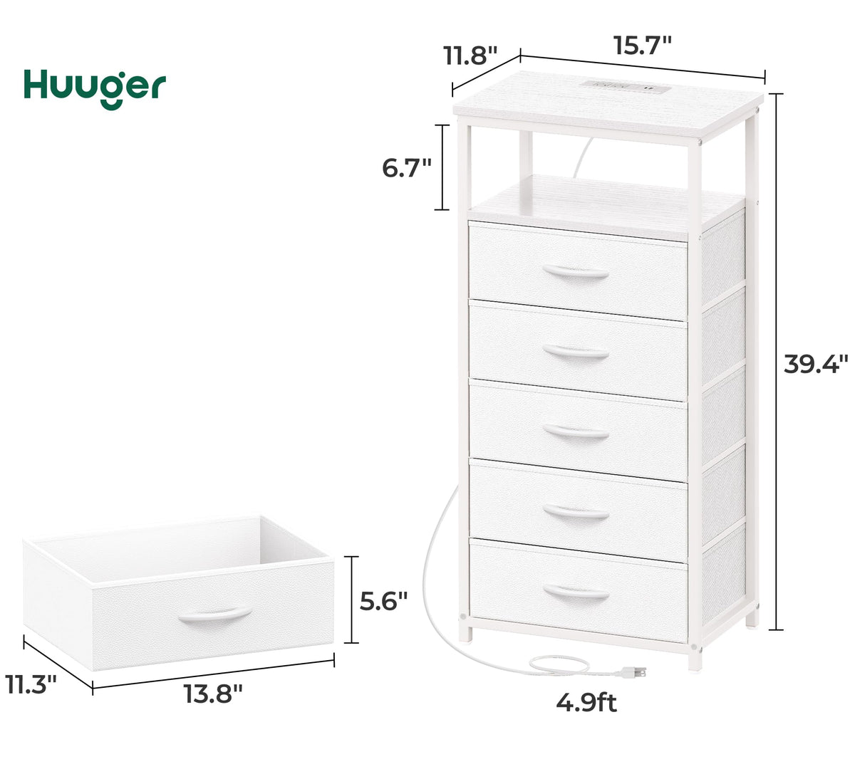 White 5 Drawer Dresser with Charging Station L368