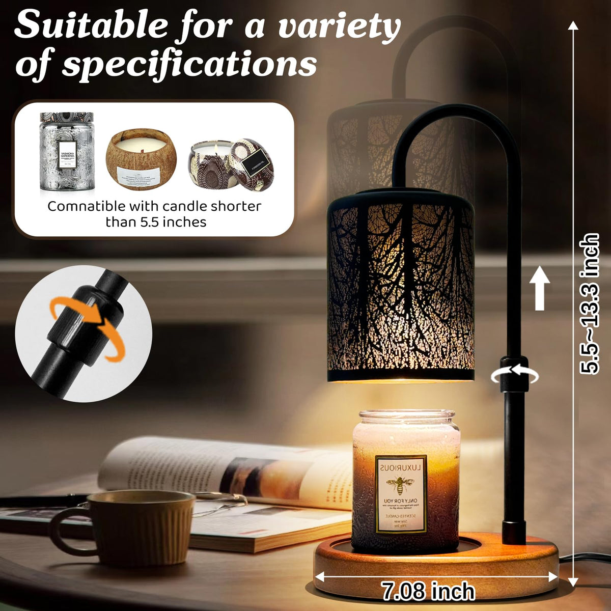 Black Adjustable Height Electric Candle Warmer with Timer and Dimmer B903