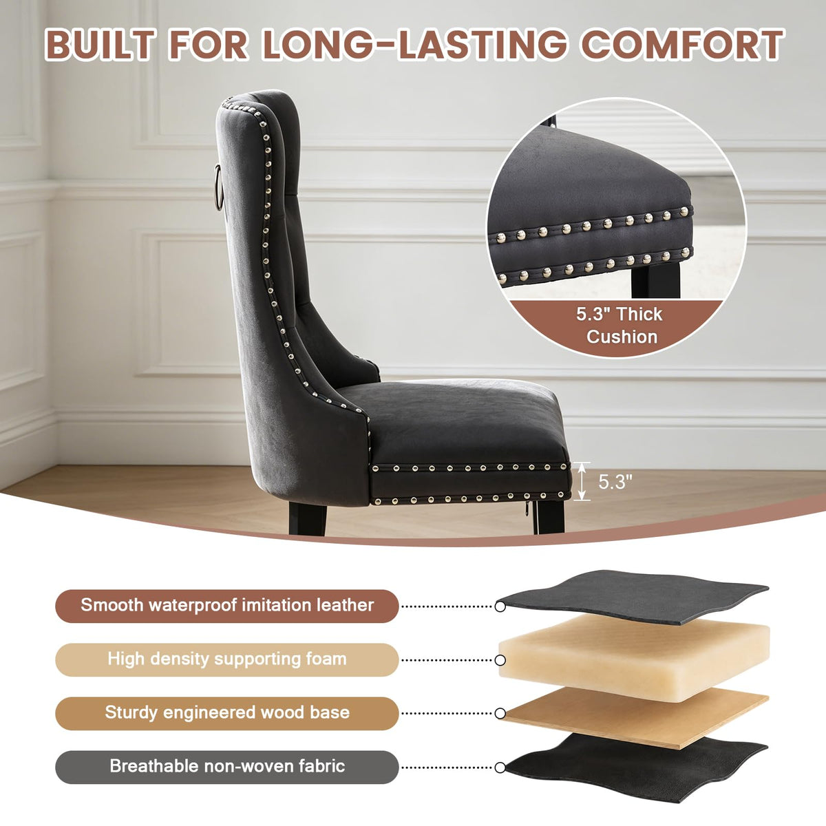 Black PU Leather Dining Chairs Set of 6 with Nailhead Trim and Solid Wood Legs S130465