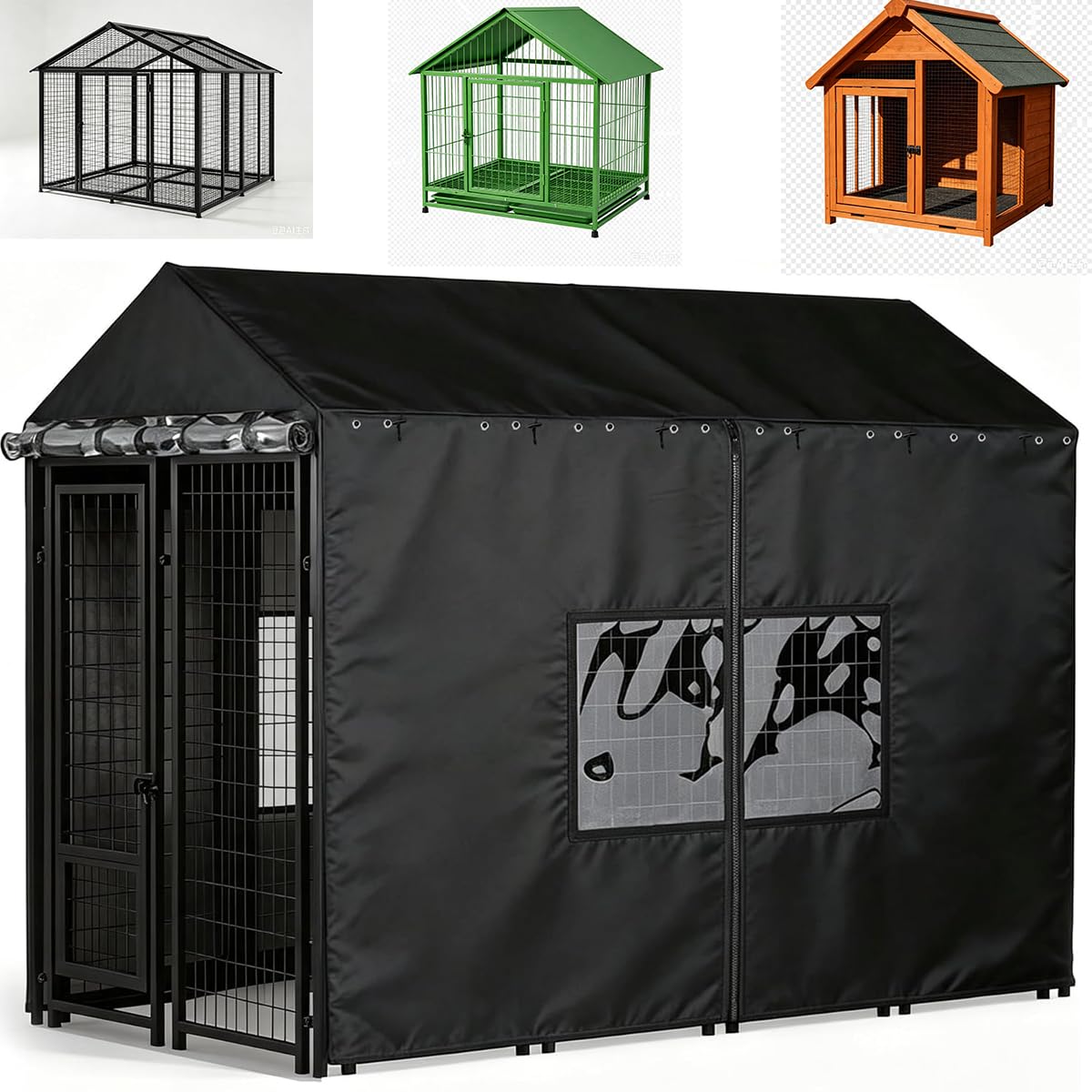 Outdoor Dog Kennel Cover with Clear PVC Windows & Roll-Up Panels M36092