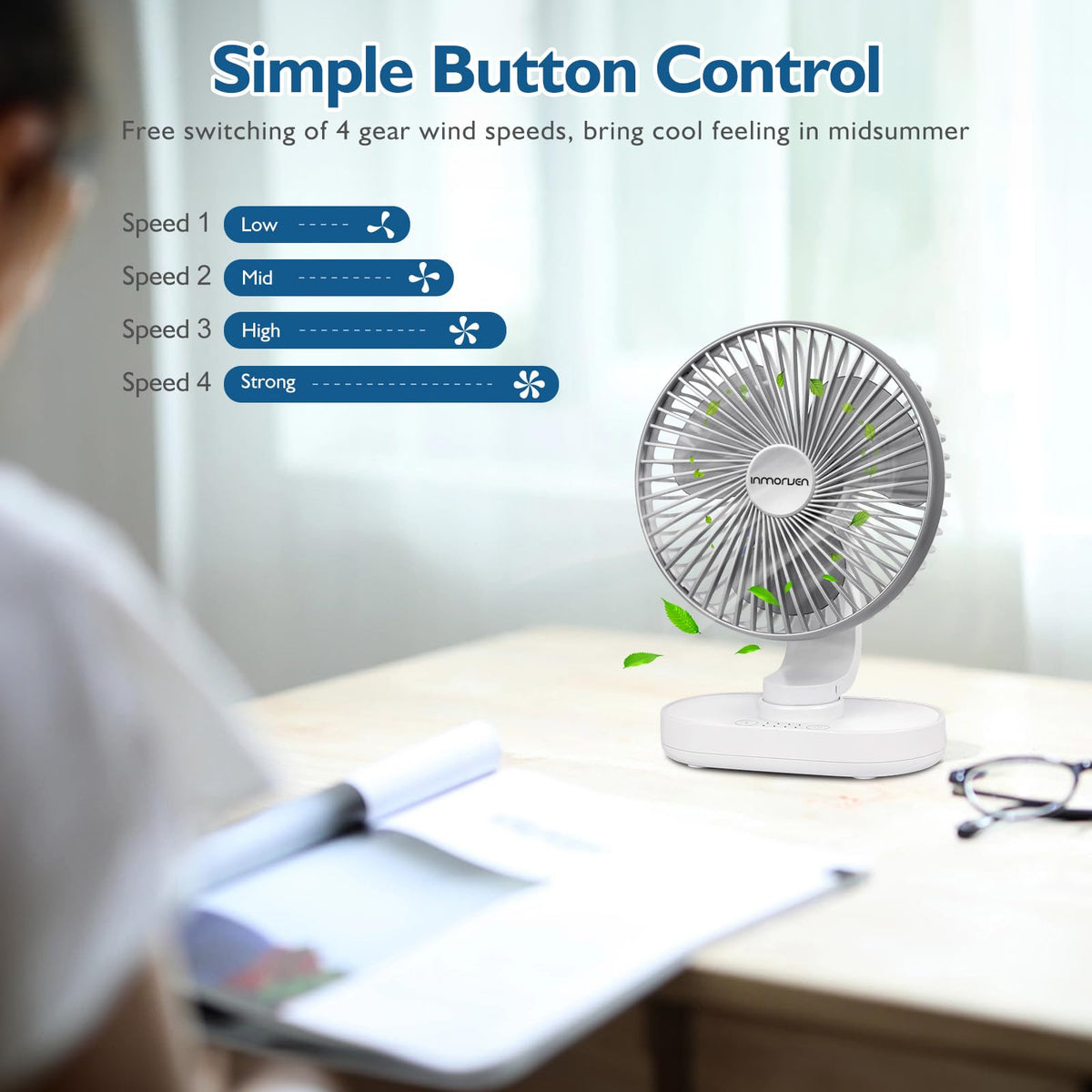 4000mAh Rechargeable Oscillating Desk Fan White Y76972