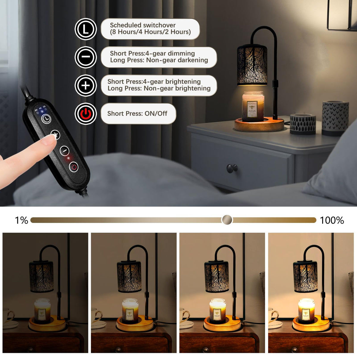 Black Adjustable Height Electric Candle Warmer with Timer and Dimmer B903