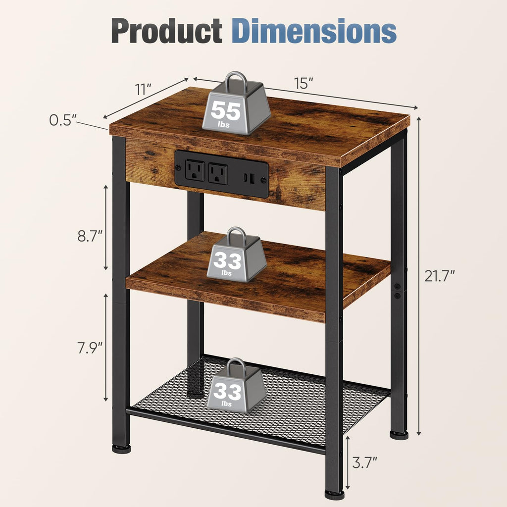 Nightstand with Charging Station, 3-Tier Bedside Table Z171