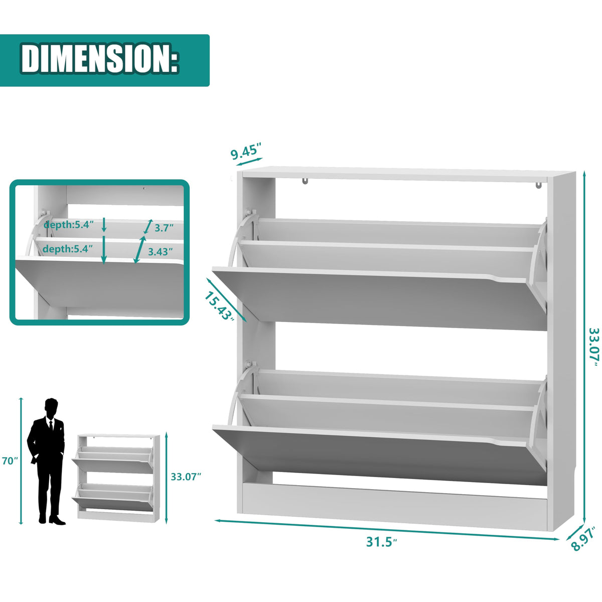 White 2 Flip Drawer Wood Shoe Storage Cabinet U2662