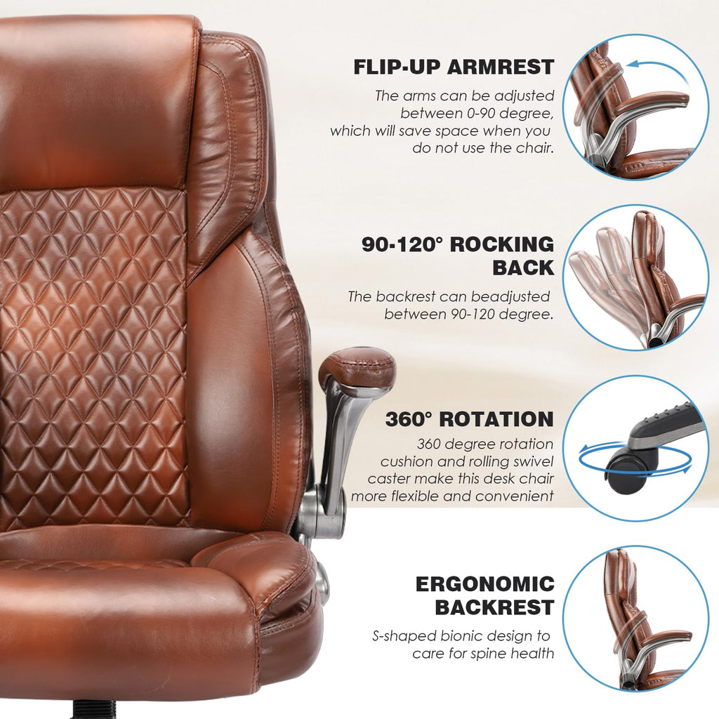 Brown Leather Executive Office Chair with Flip up Arms D8390