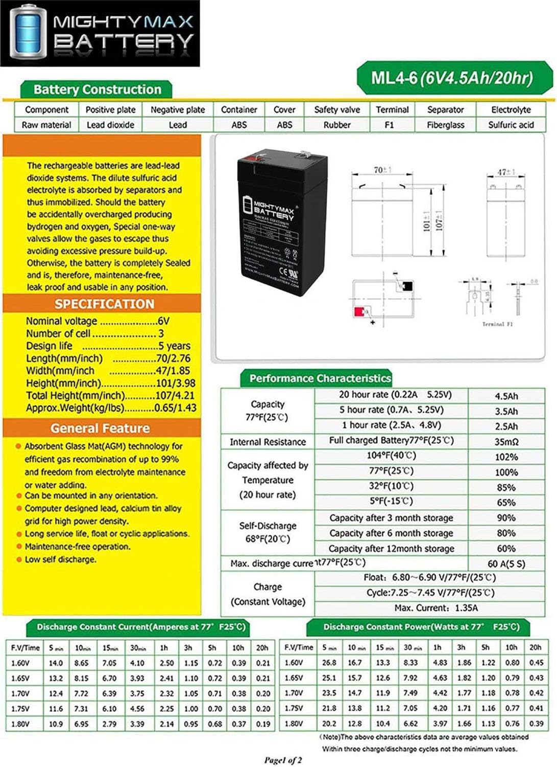 6V 4.5AH SLA Battery 2 Pack D930686