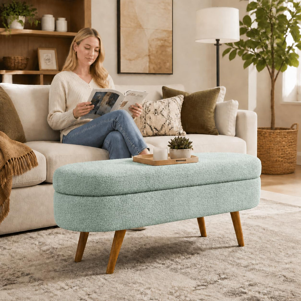 Cream Oval Boucle Storage Ottoman with Wooden Legs Y771
