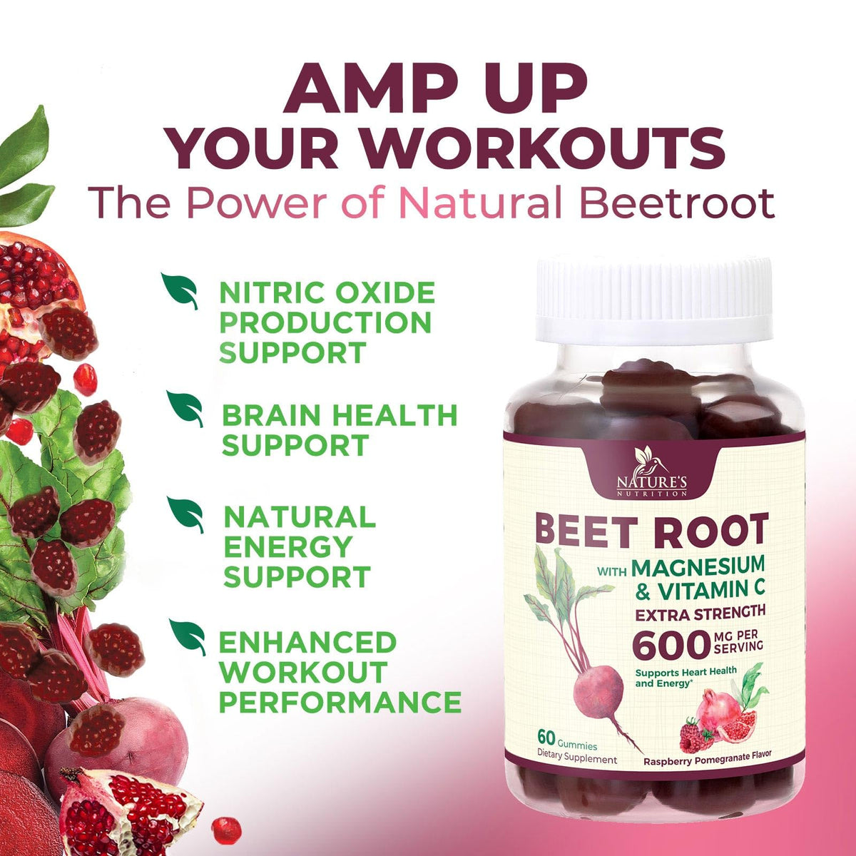 Beet Root Gummies with Beetroot Powder & Vitamin C, Berry Flavored, 60 Gummies W381619