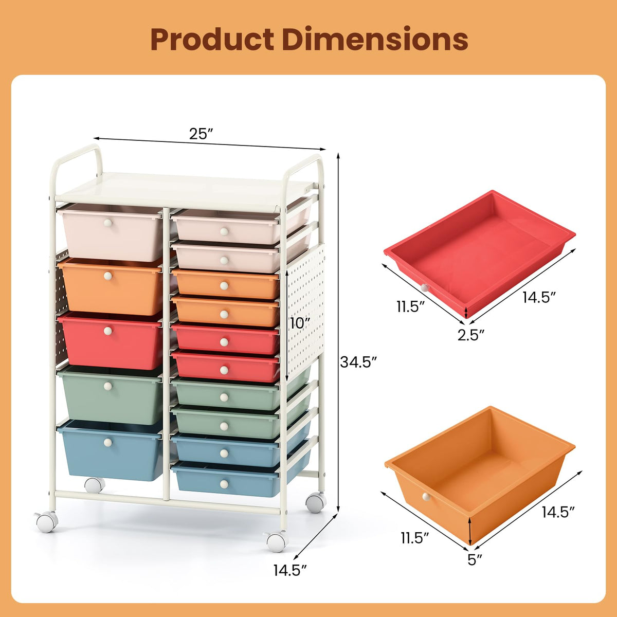 15 Drawer Rolling Storage Cart with Metal Tabletop K631