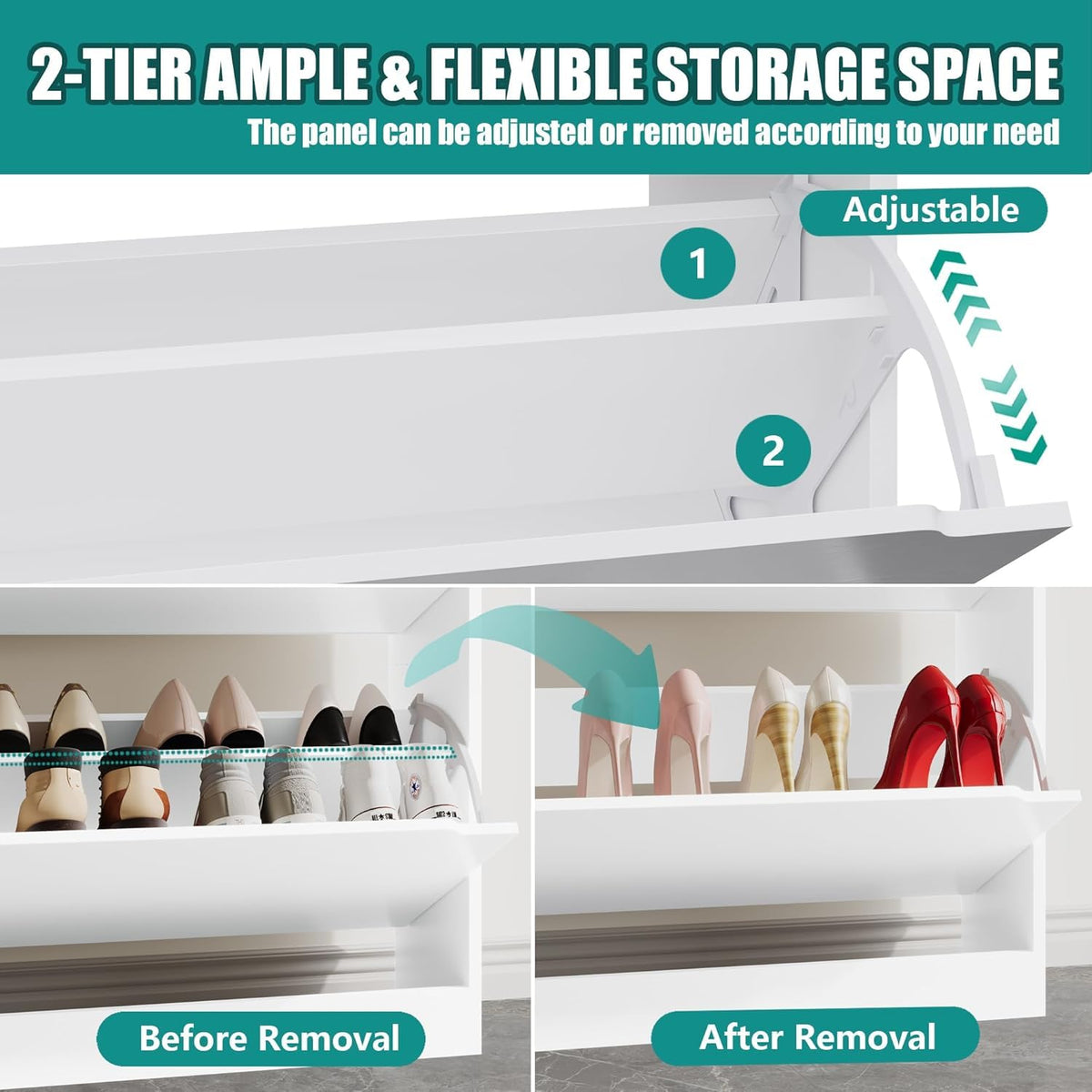 White 2 Flip Drawer Wood Shoe Storage Cabinet U2662