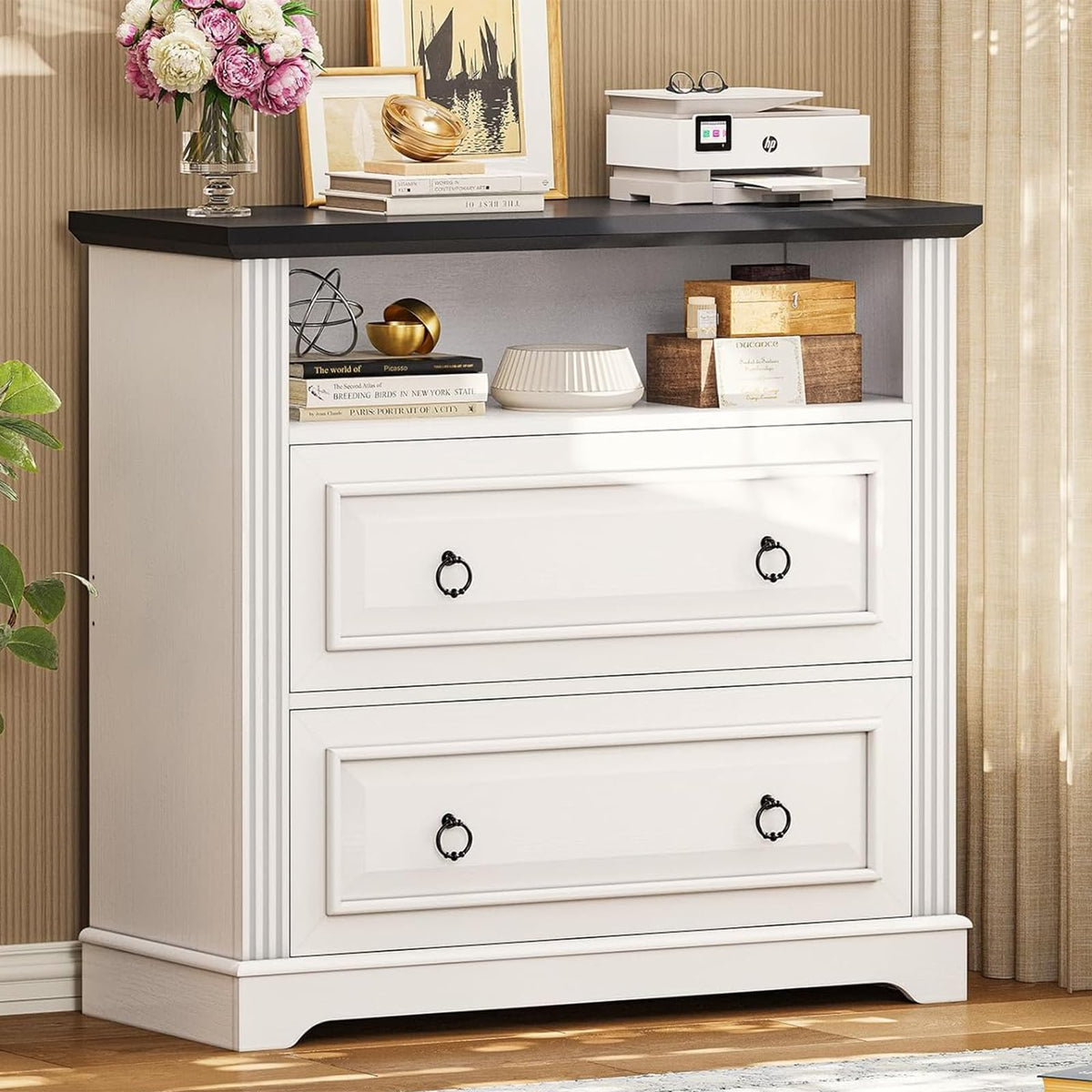 White 2 Drawer Wood File Cabinet with Storage Shelf Z7754