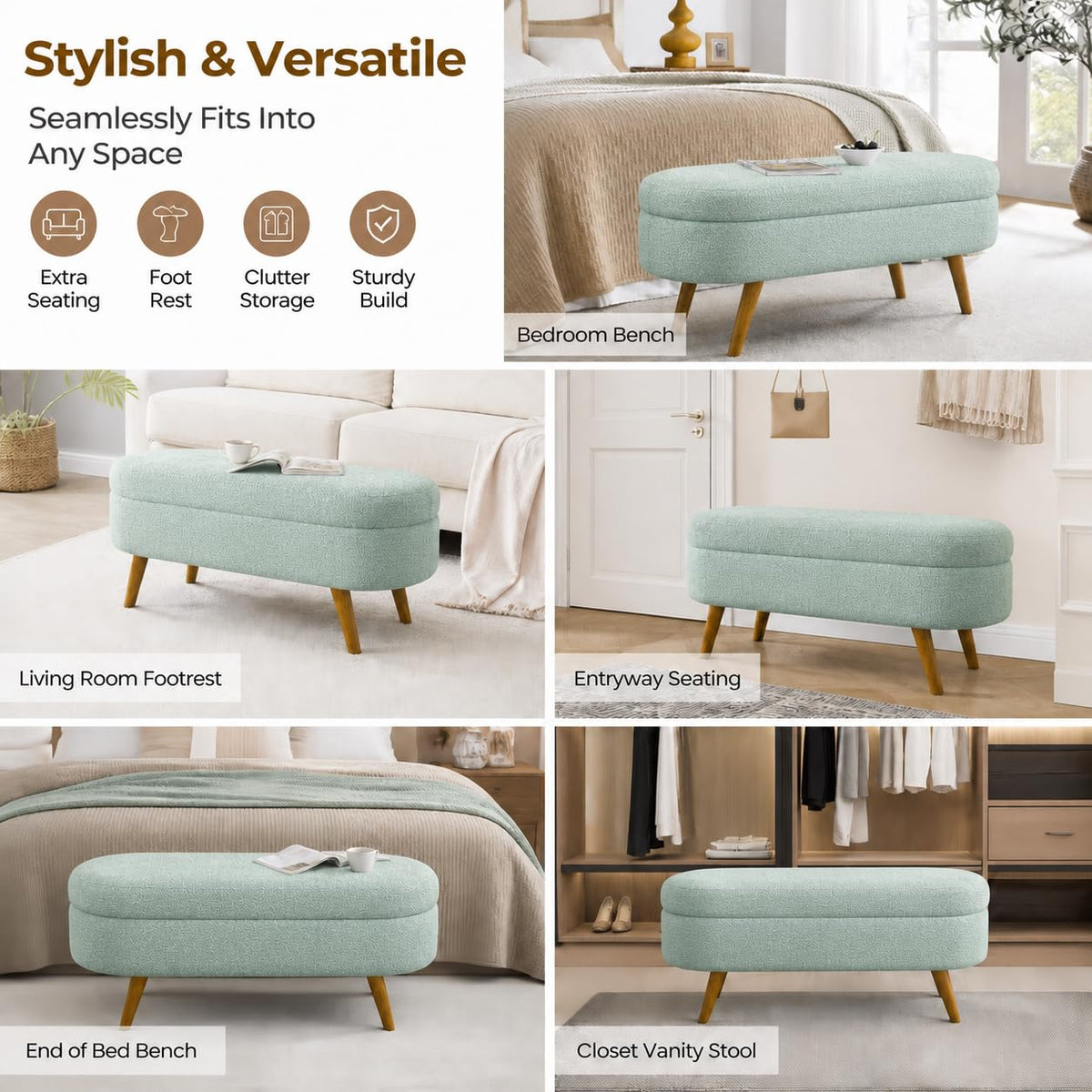 Cream Oval Boucle Storage Ottoman with Wooden Legs Y771