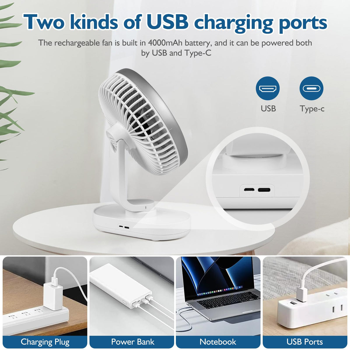 4000mAh Rechargeable Oscillating Desk Fan White Y76972