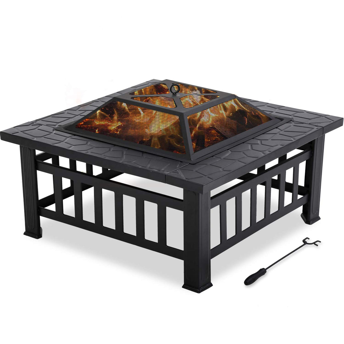 32'' Black Metal Square Wood Burning Fire Pit with Spark Screen Cover, Log Grate, Poker E553