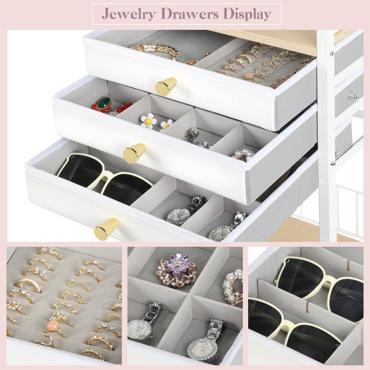 Large White 3 Drawer Floor Jewelry Organizer Stand H886829