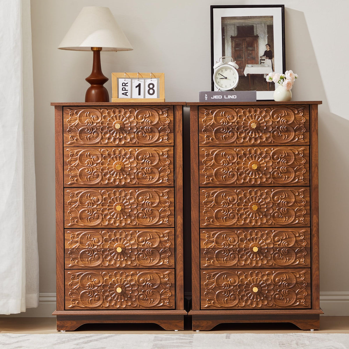 5 Drawer Narrow Wooden Dresser with Gold Handles L924