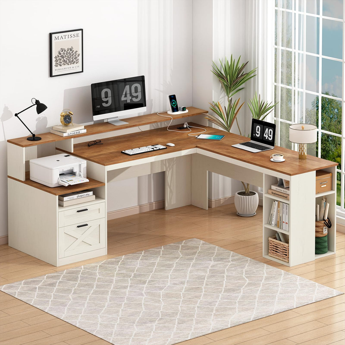 63" L Shaped Desk with Drawers and Storage Shelves X368