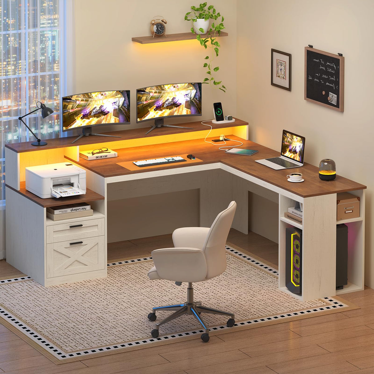 63" L Shaped Desk with Drawers and Storage Shelves X368
