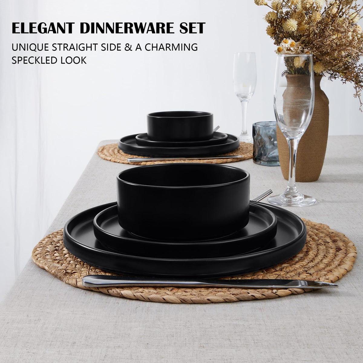 Black 18-Piece Stoneware Dinnerware Set for 6 V819