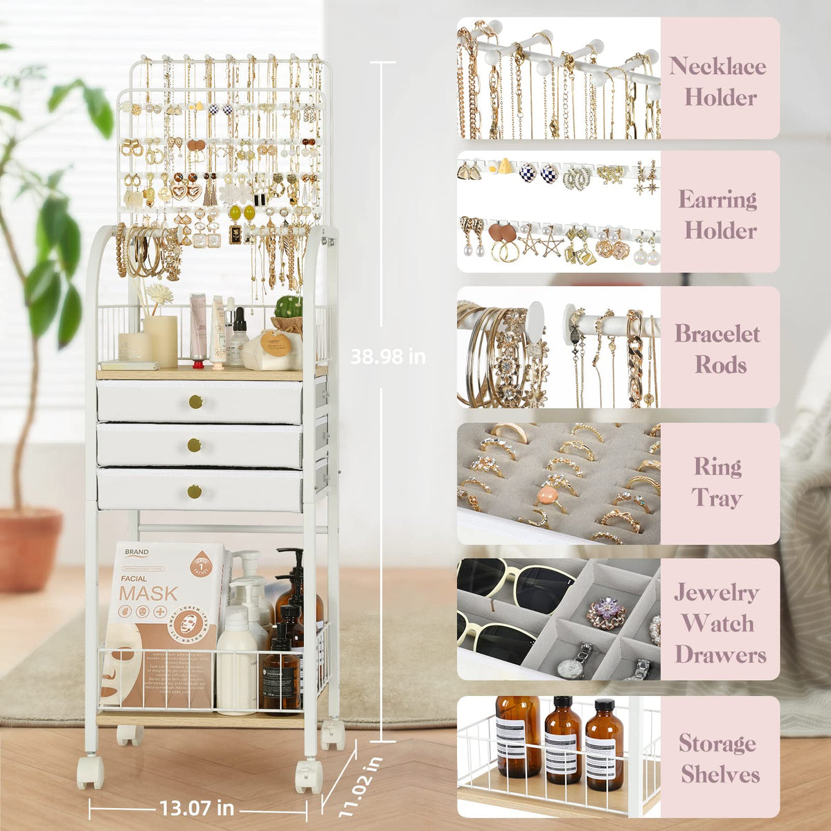 Large White 3 Drawer Floor Jewelry Organizer Stand H886829