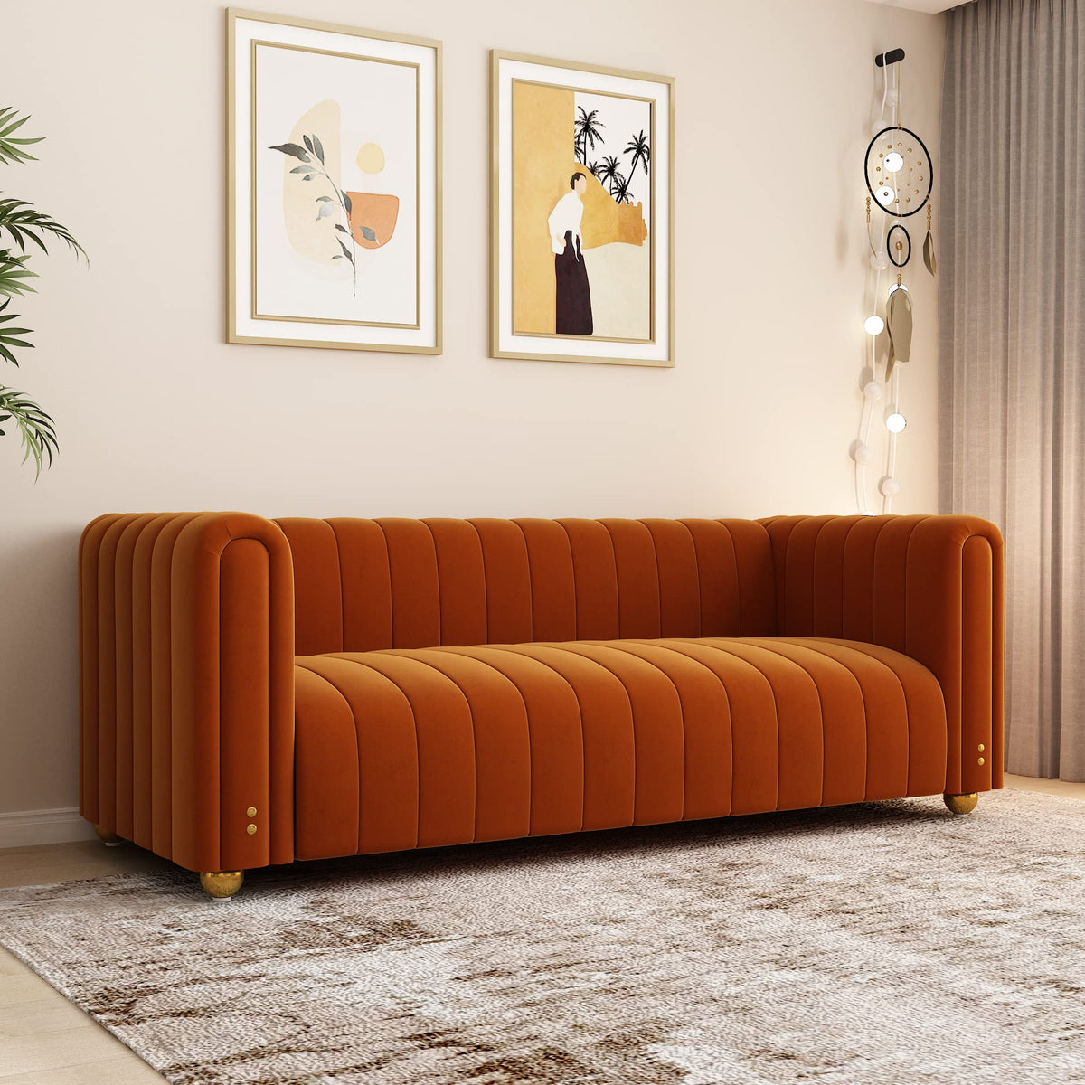 Orange Velvet 3 Seat Sofa U9673