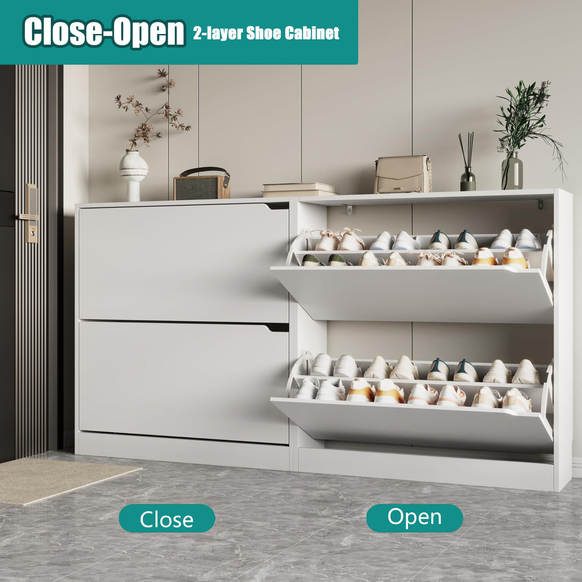 White 2 Flip Drawer Wood Shoe Storage Cabinet U2662