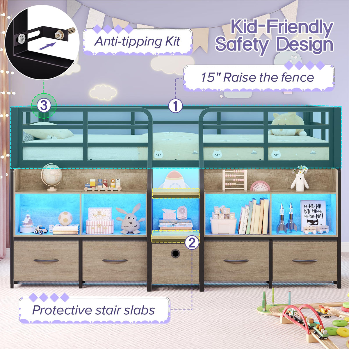 Twin Size Low Loft Bed with Storage T29275