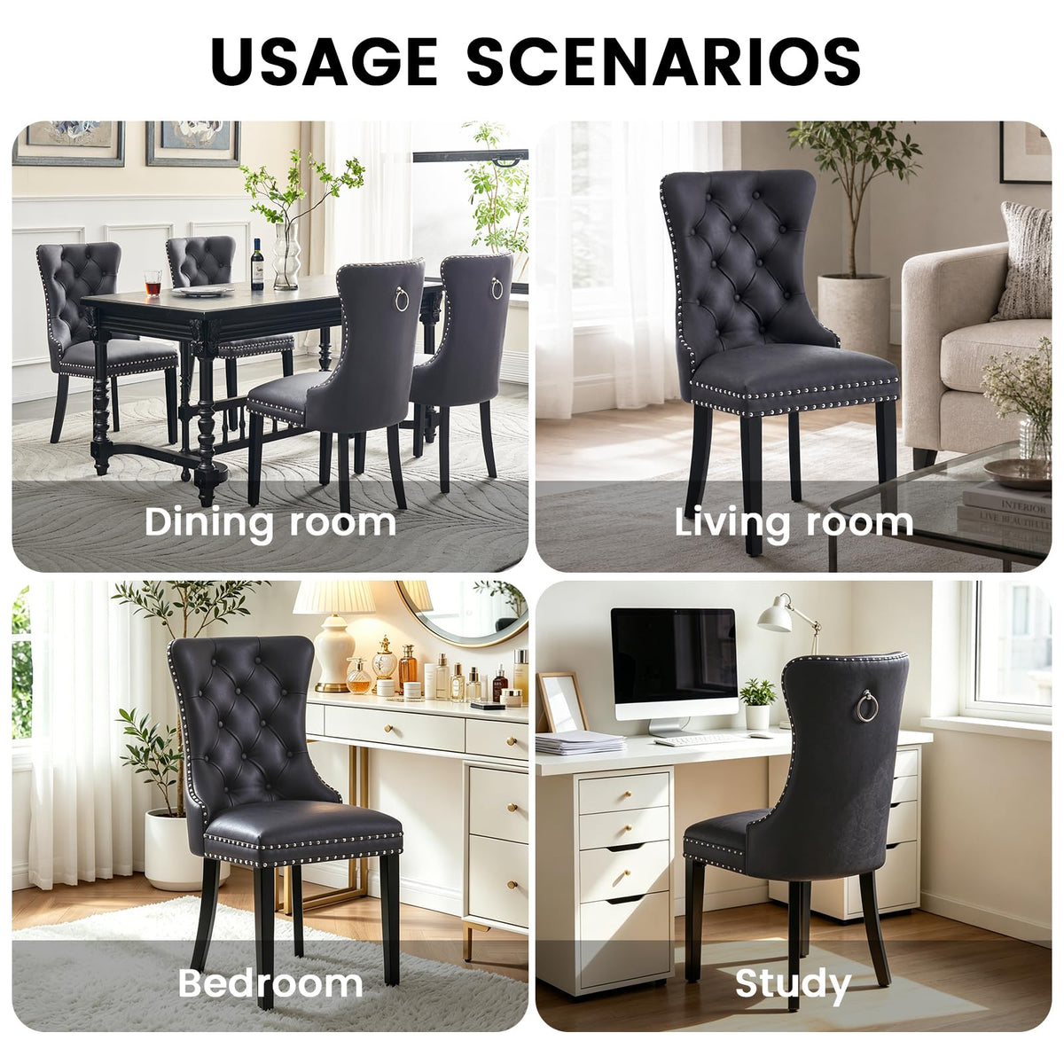 Black PU Leather Dining Chairs Set of 6 with Nailhead Trim and Solid Wood Legs S130465