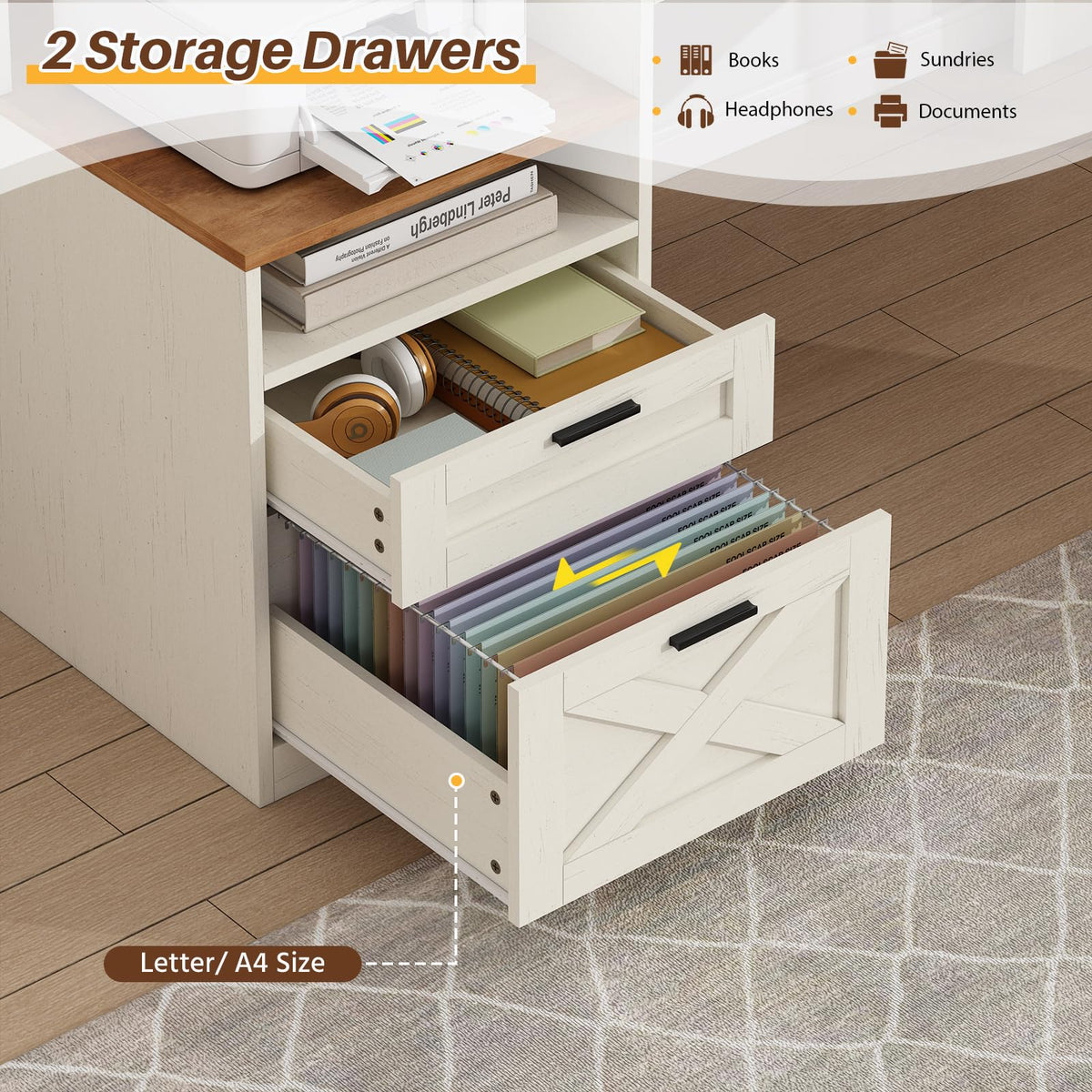 63" L Shaped Desk with Drawers and Storage Shelves X368