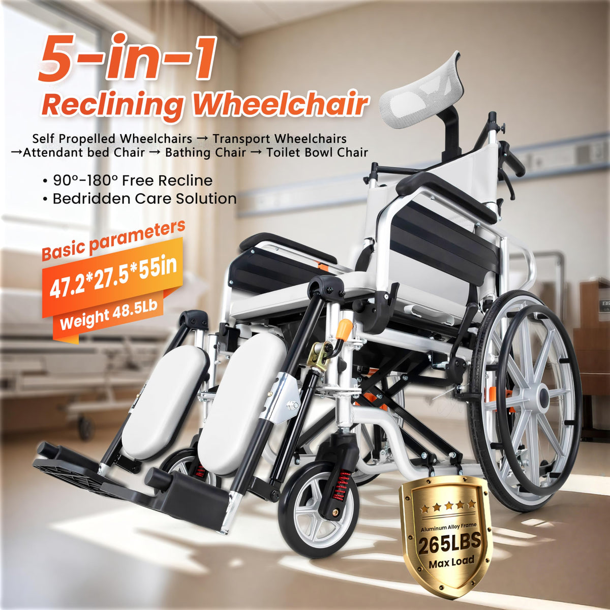 5-In-1 Fold Reclining Wheelchair with Elevating Leg Rests K60984