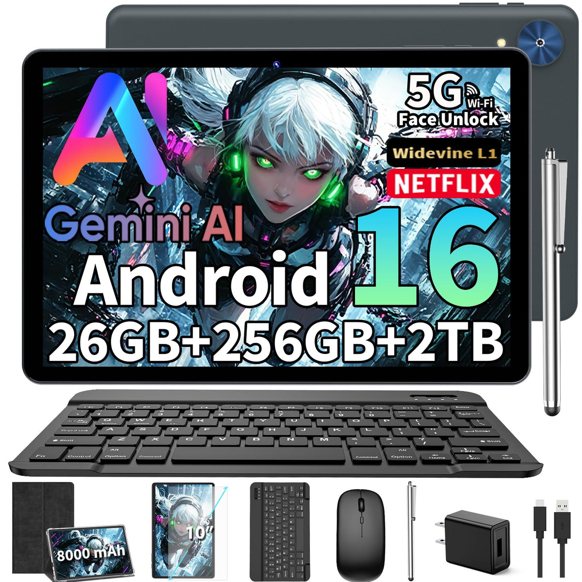 Android 16 Tablet with Keyboard, 10 Inch Tablet, Black Case P782
