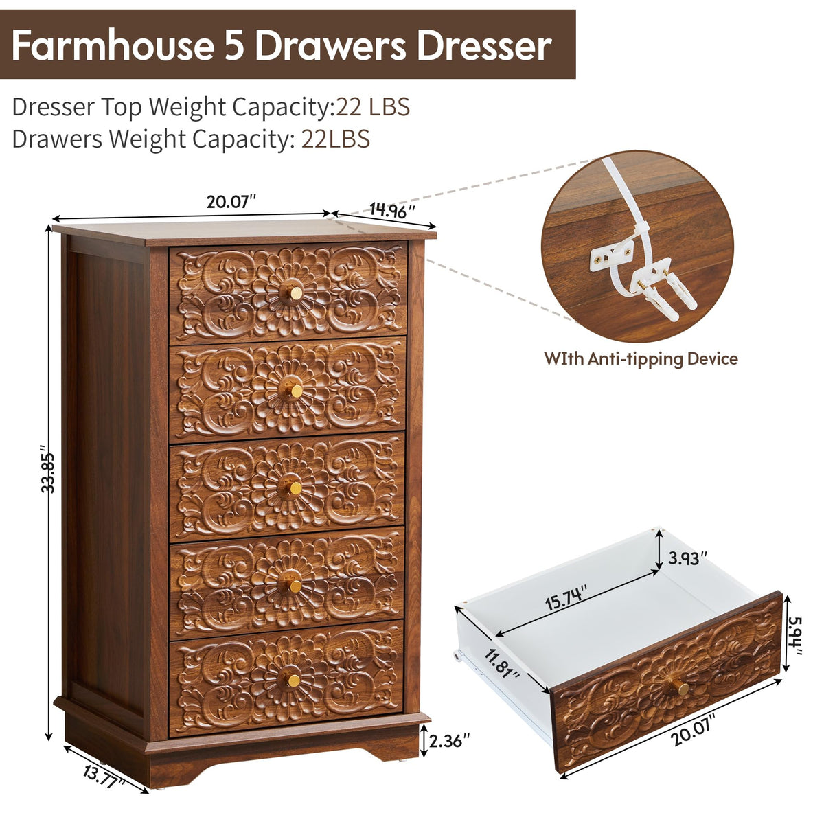 5 Drawer Narrow Wooden Dresser with Gold Handles L924