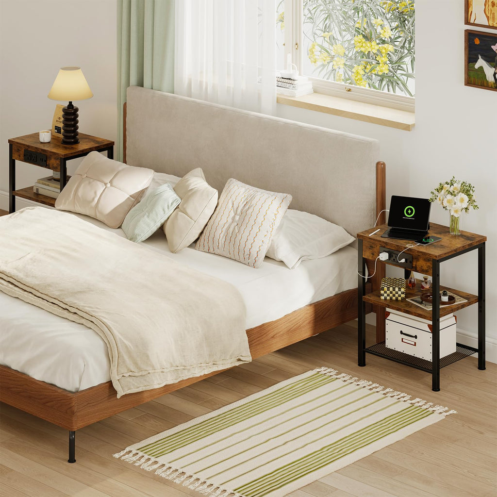 Nightstand with Charging Station, 3-Tier Bedside Table Z171