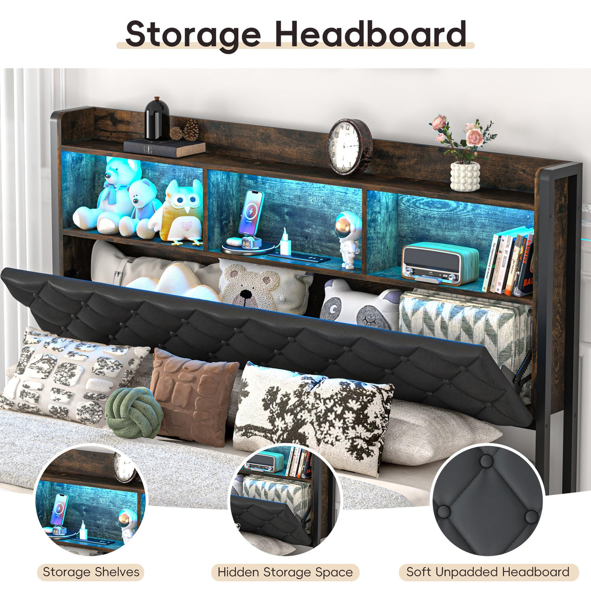 Queen Size Metal Platform Bed with Storage Bookcase Headboard J481577