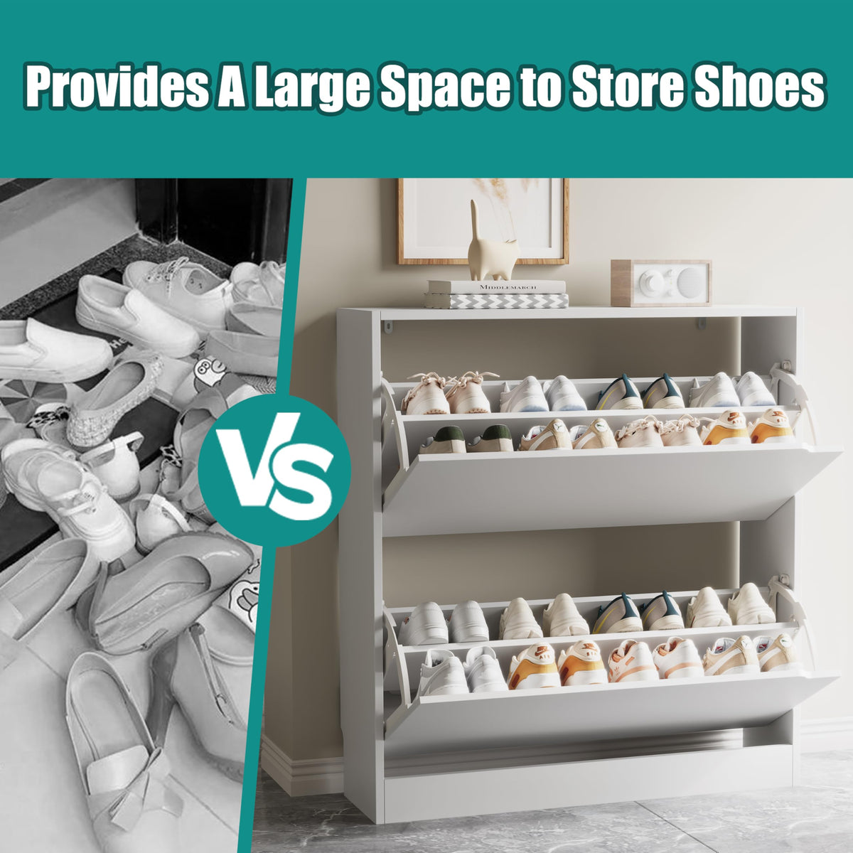 White 2 Flip Drawer Wood Shoe Storage Cabinet U2662