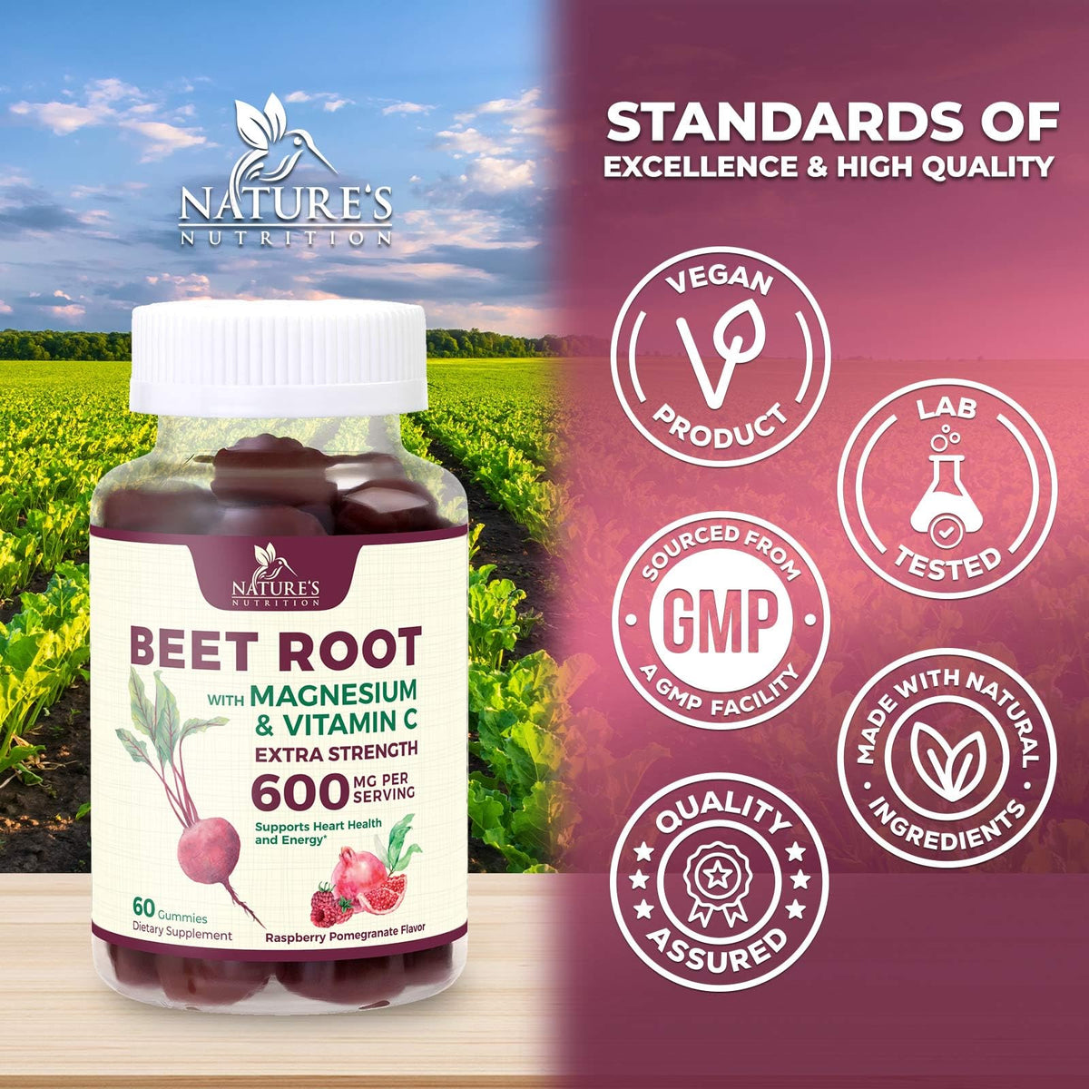 Beet Root Gummies with Beetroot Powder & Vitamin C, Berry Flavored, 60 Gummies W381619