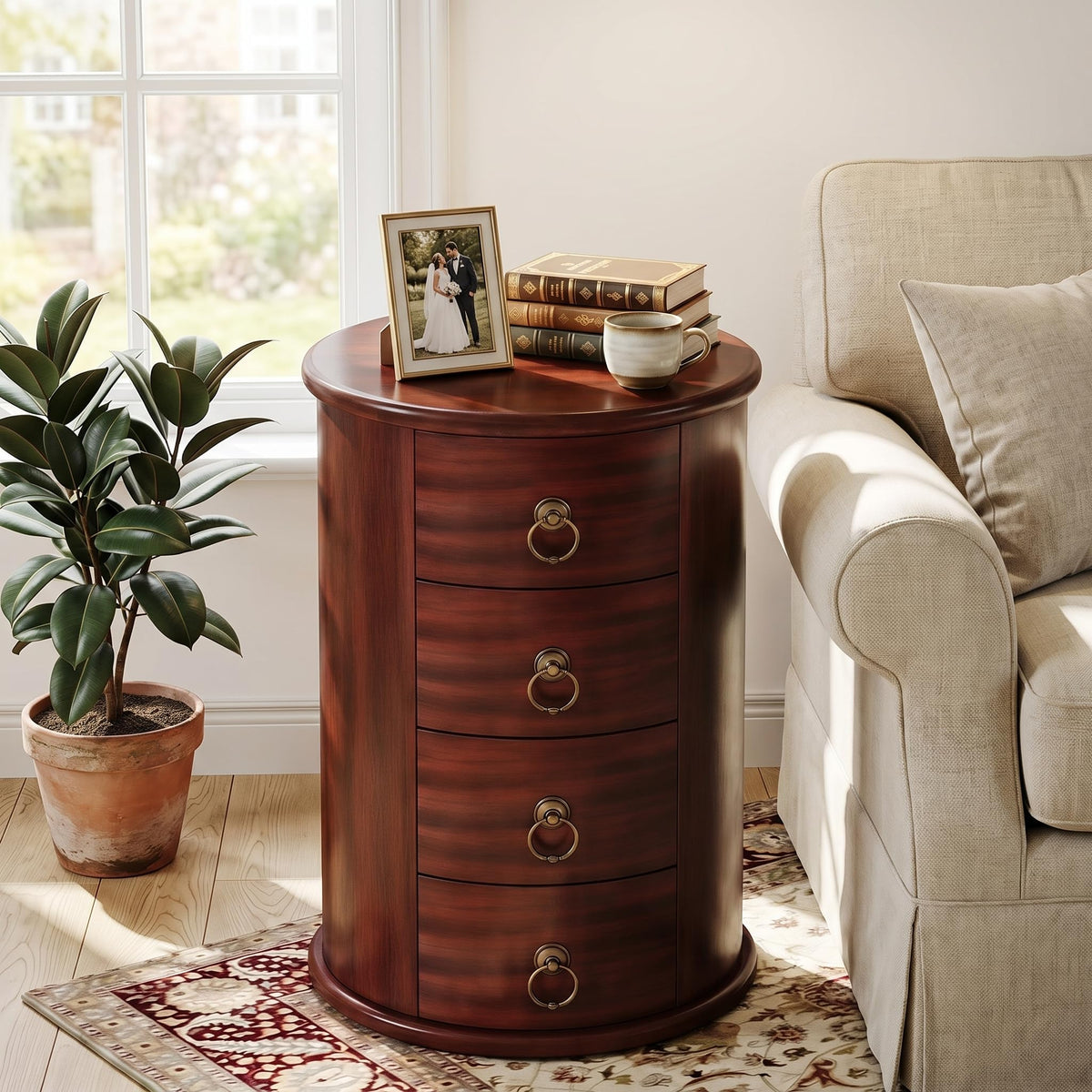 Solid Wood Round End Table with 4 Drawers M857521