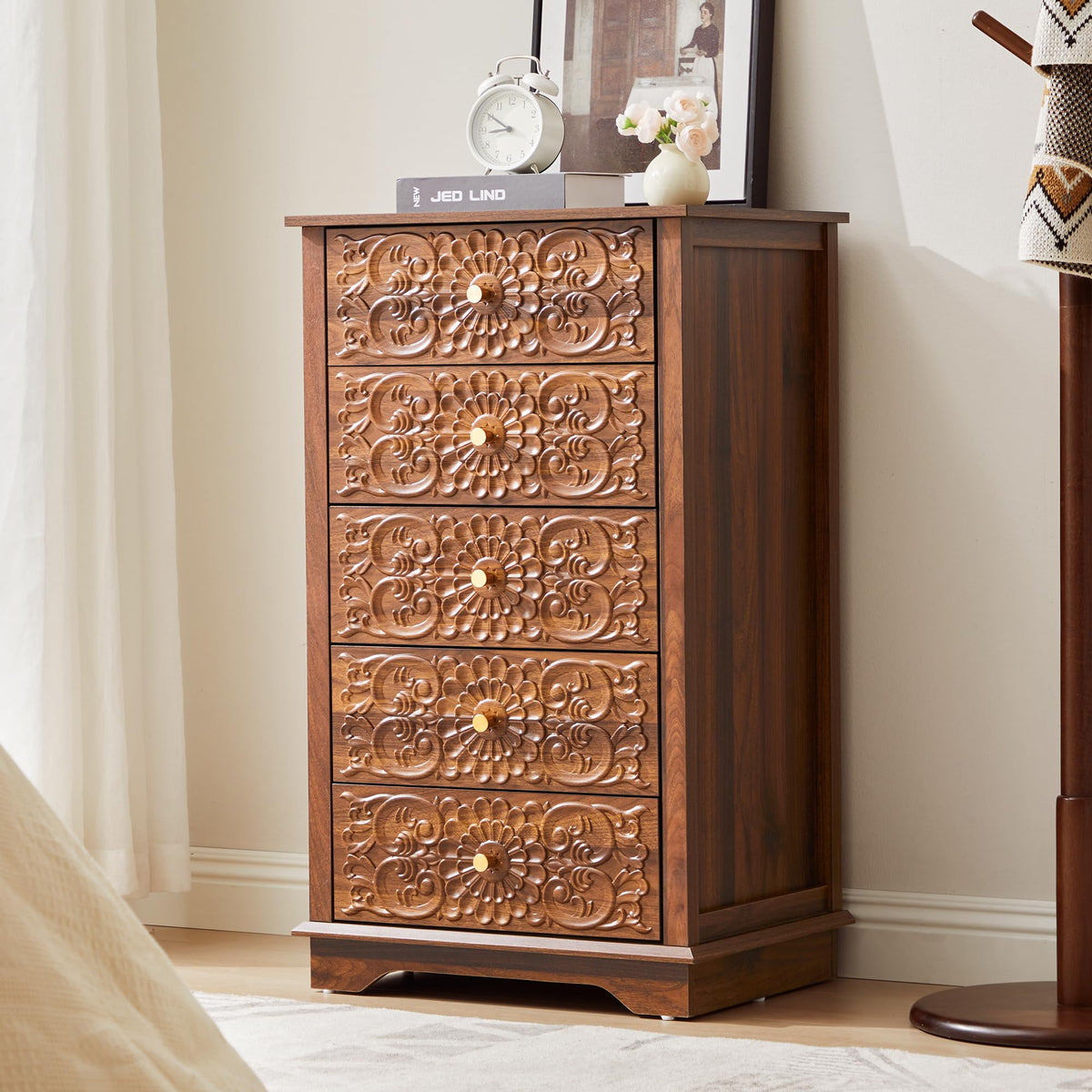 5 Drawer Narrow Wooden Dresser with Gold Handles L924