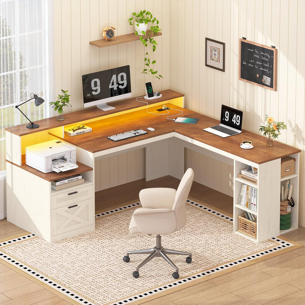 63" L Shaped Desk with Drawers and Storage Shelves X368