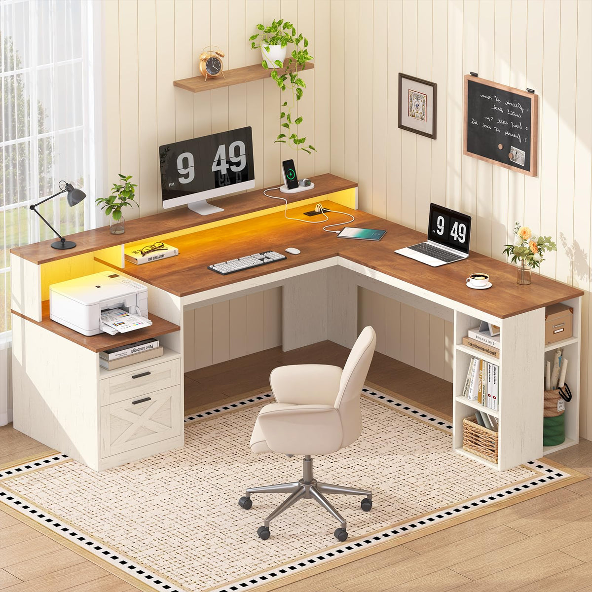 63" L Shaped Desk with Drawers and Storage Shelves X368