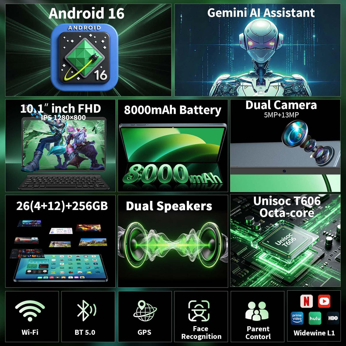 Android 16 Tablet with Keyboard, 10 Inch Tablet, Black Case P782