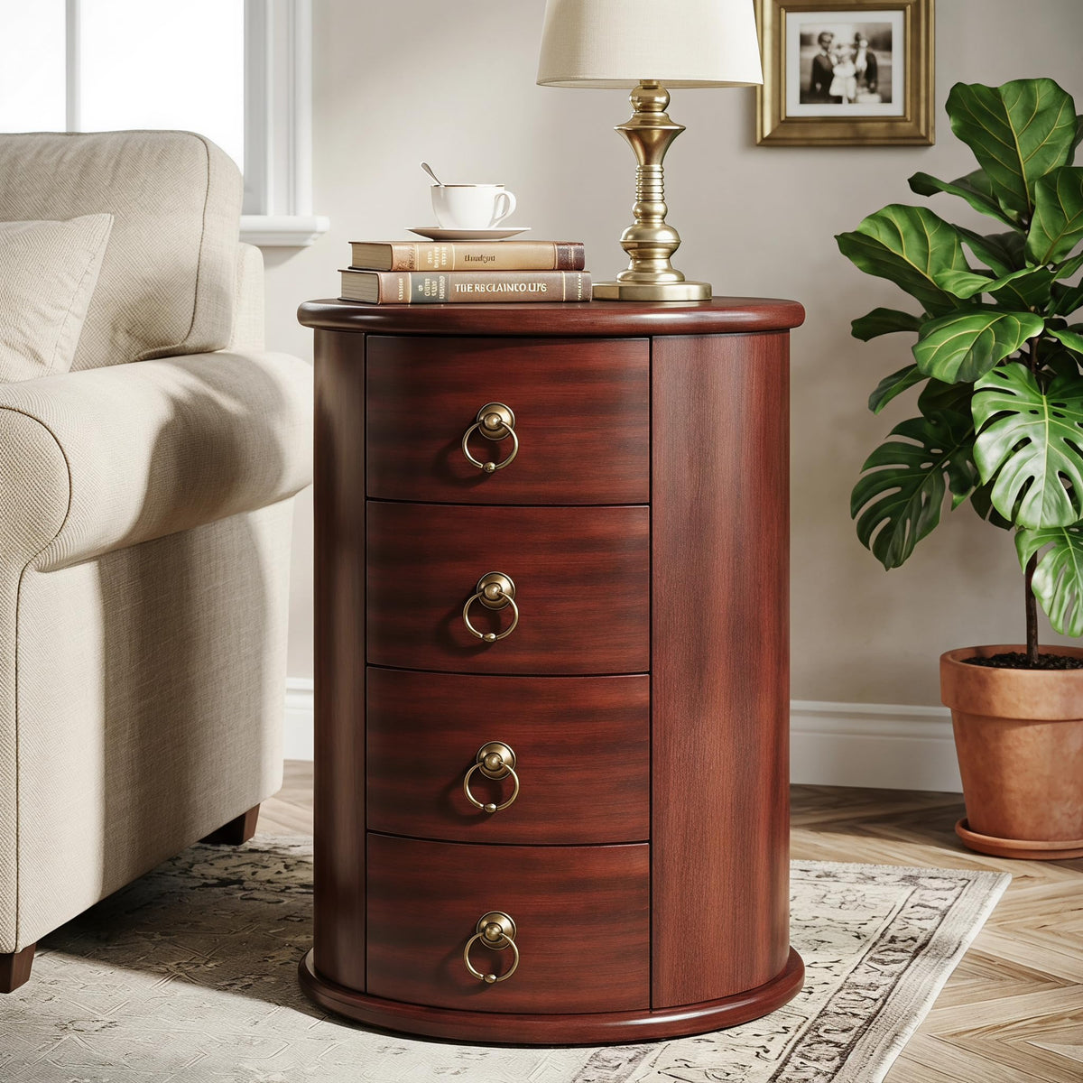 Solid Wood Round End Table with 4 Drawers M857521