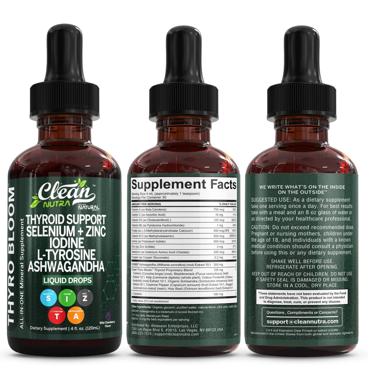 Liquid Thyroid Support Drops with Iodine Selenium Zinc Ashwagandha 4oz Y97385