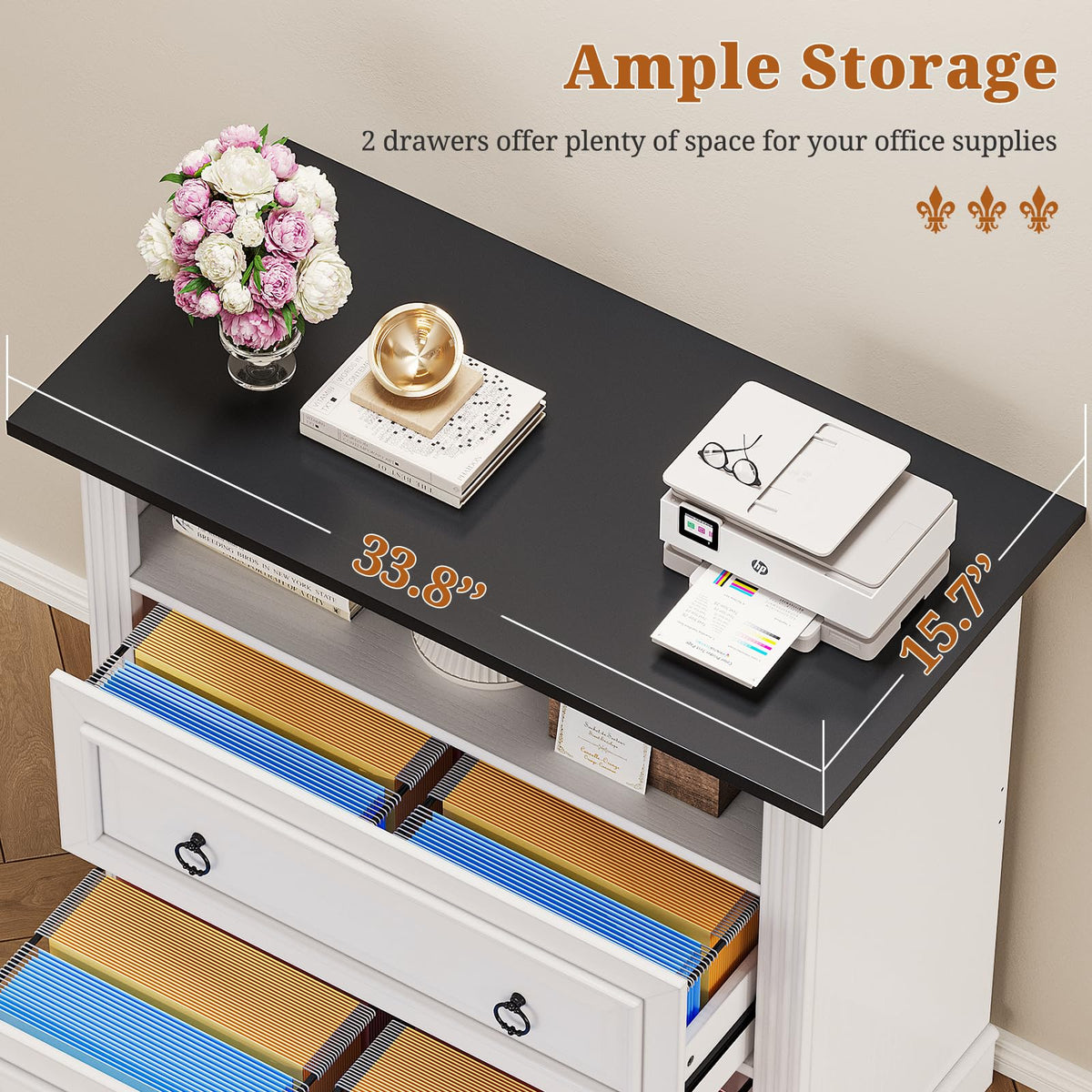 White 2 Drawer Wood File Cabinet with Storage Shelf Z7754