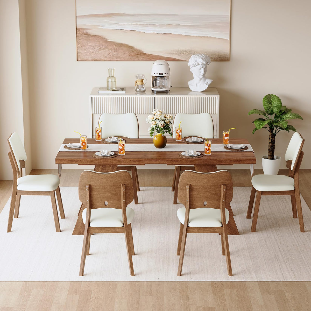 71" 7 Piece Wood Dining Table Set with 6 PU Leather Chairs C86914