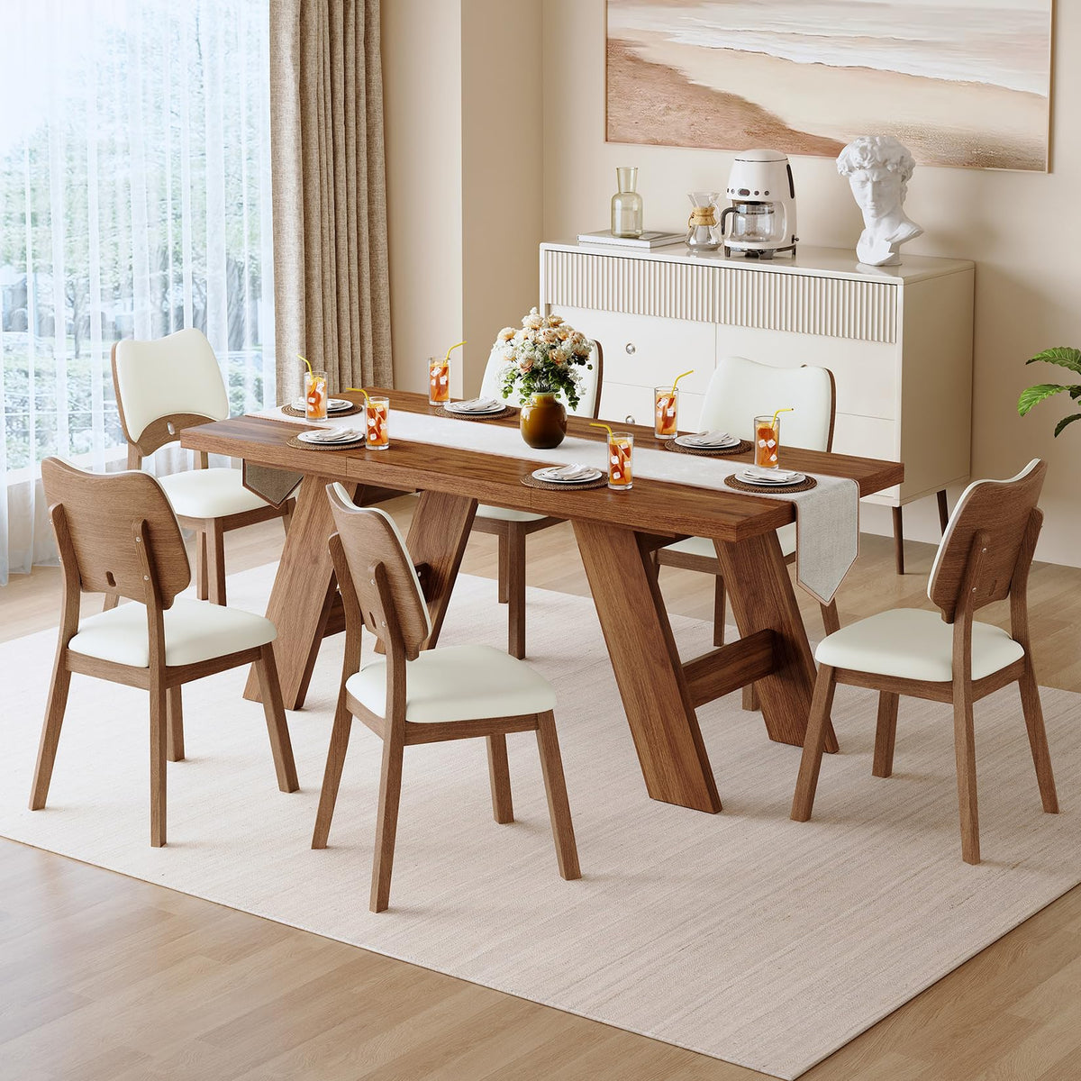 71" 7 Piece Wood Dining Table Set with 6 PU Leather Chairs C86914