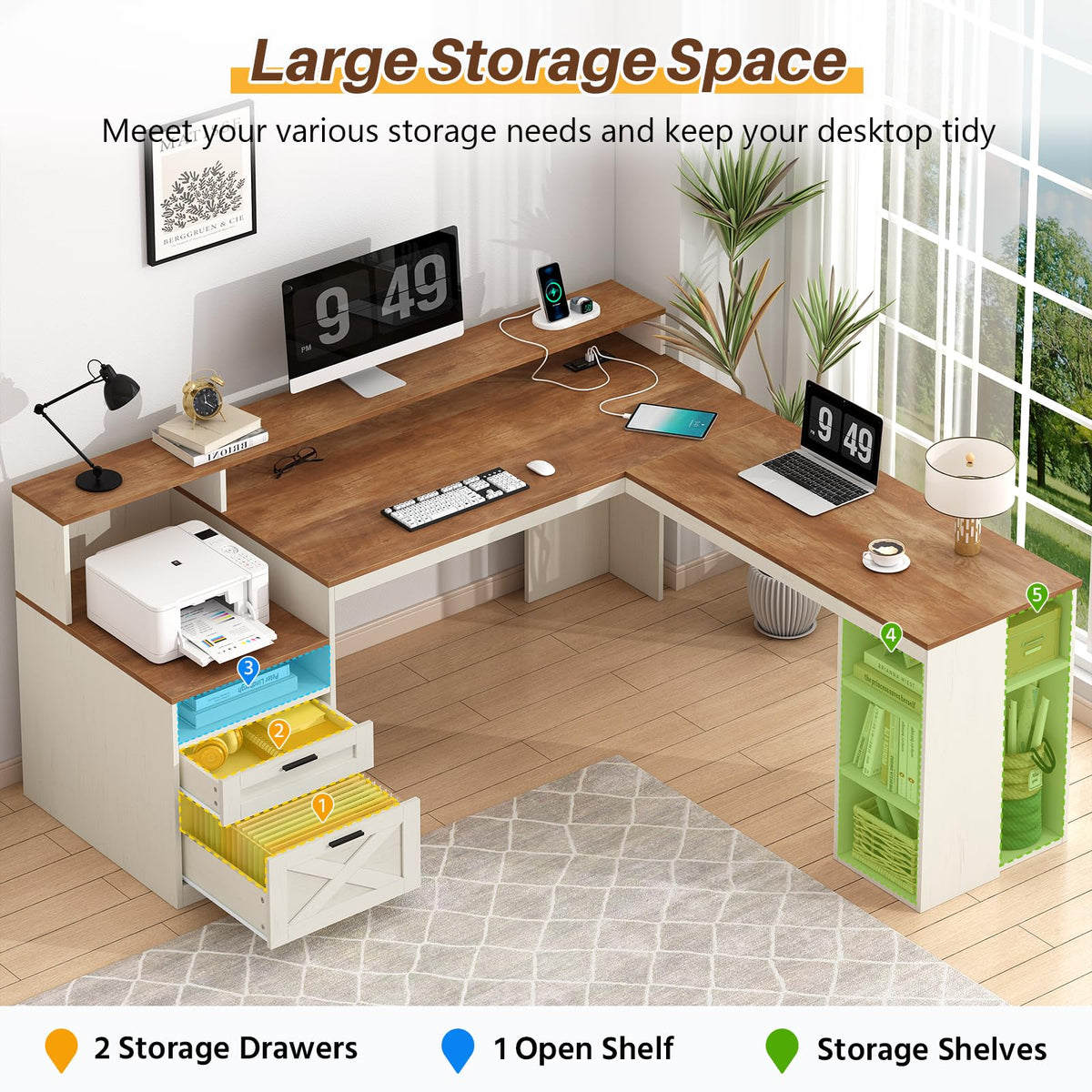 63" L Shaped Desk with Drawers and Storage Shelves X368