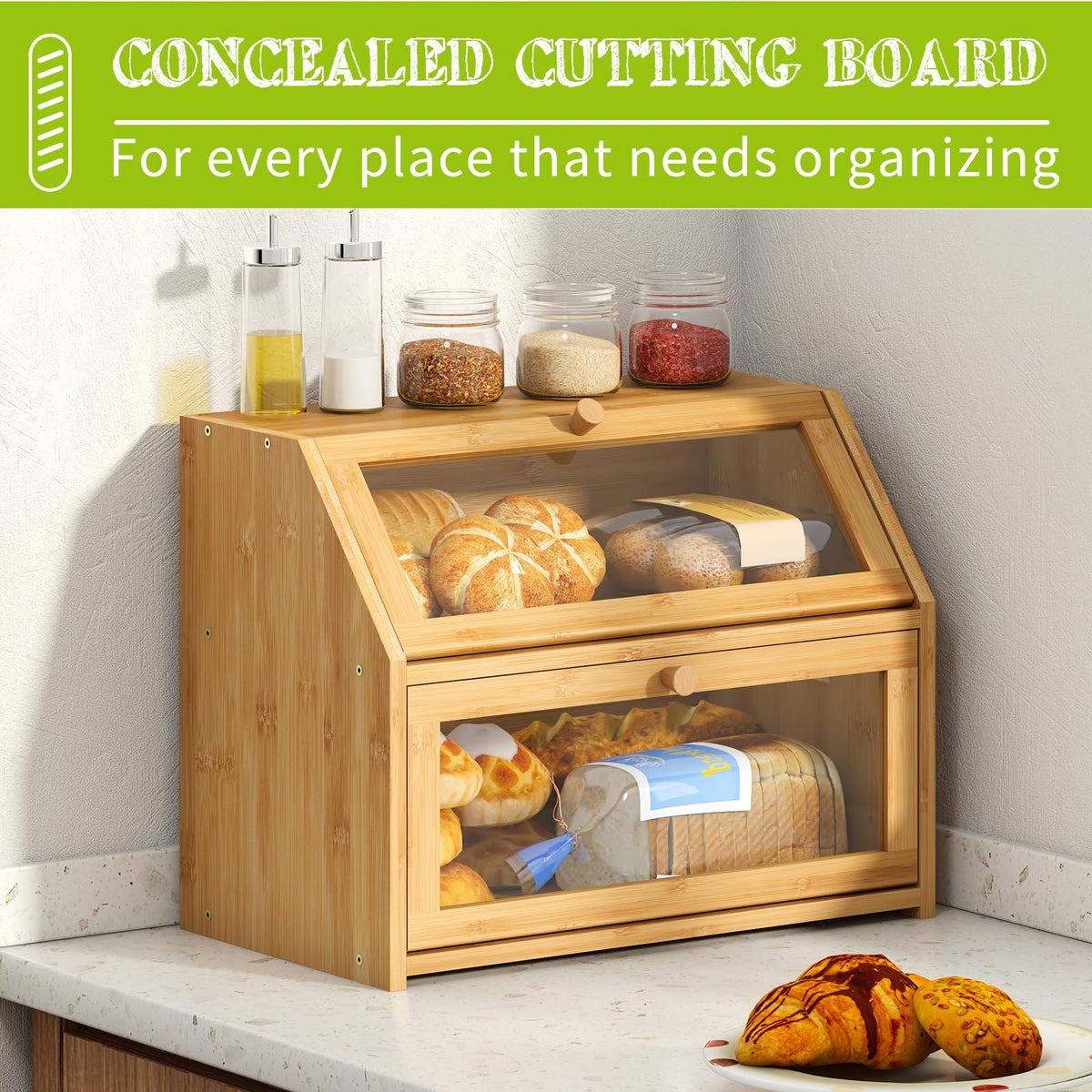 Double Layer Bamboo Wooden Bread Box B14005